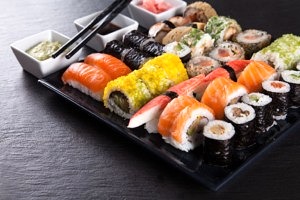 Japanese seafood sushi set on black background